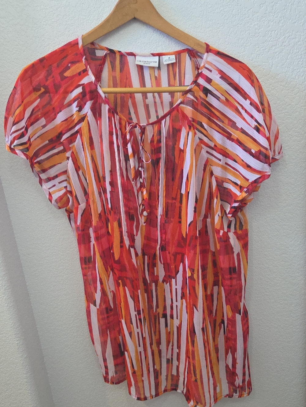 Liz Claiborne Red Multi-Stripe Tie-Neck Women’s Top